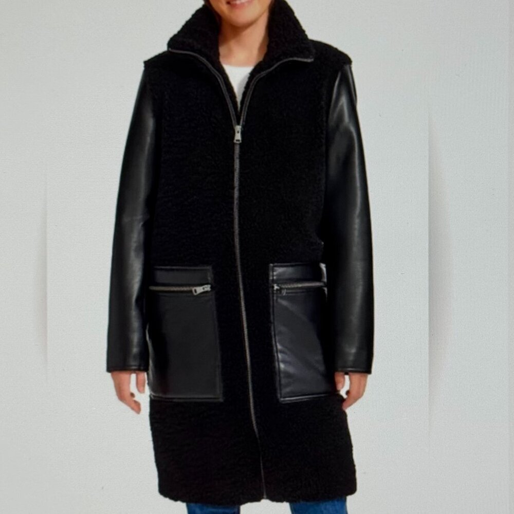 Andrew Marc Ladies Faux Leather Mixed Media Sherpa Coat NEW WITH TAGS - Picture 3 of 7